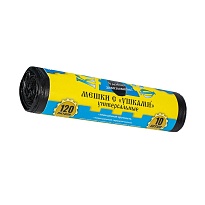 Мешки для мусора 120 л, с ушками, черные, в рулоне 10 шт., ПНД, 13 мкм, 1050х680 мм, Крепакоф, 4607075710436 в Братске